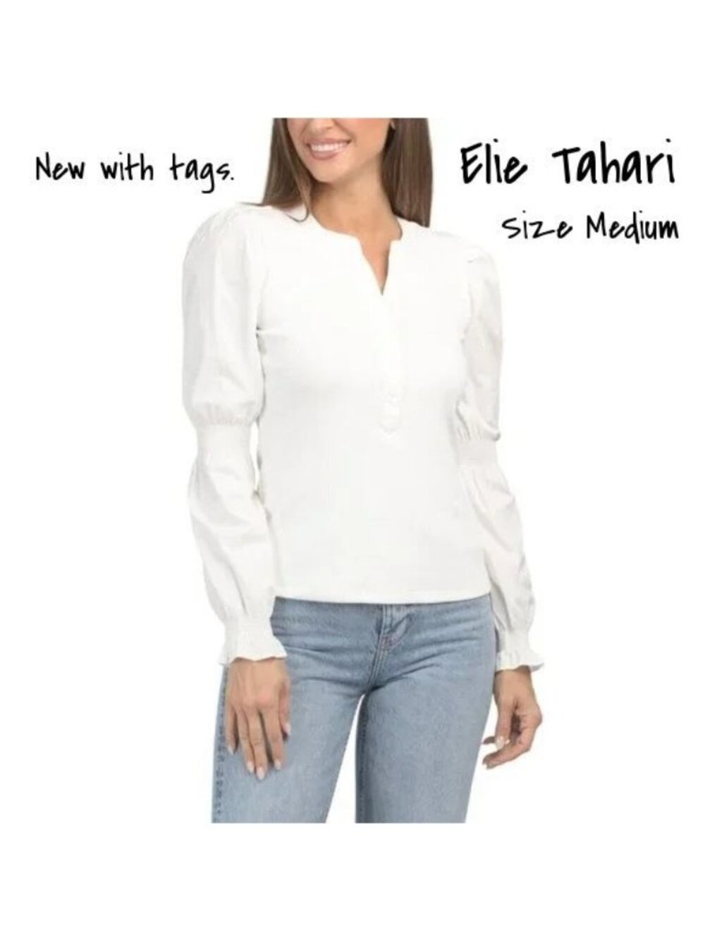 Elie Tahari Women's Sky White Long Puff Sleeve Henley Top Size Medium - New NWT